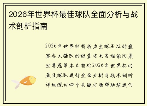2026年世界杯最佳球队全面分析与战术剖析指南
