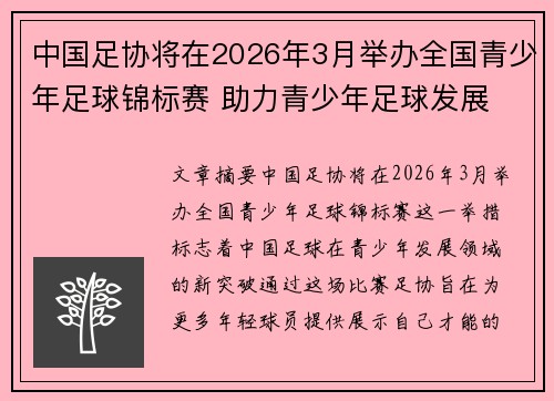 中国足协将在2026年3月举办全国青少年足球锦标赛 助力青少年足球发展