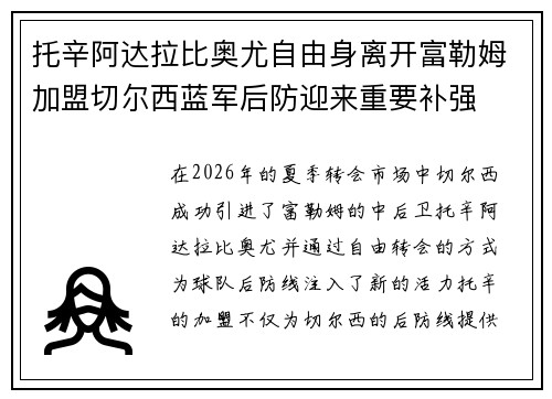 托辛阿达拉比奥尤自由身离开富勒姆加盟切尔西蓝军后防迎来重要补强 托辛阿达拉比奥尤自由身离开富勒姆加盟切尔西蓝军后防迎来重要补强